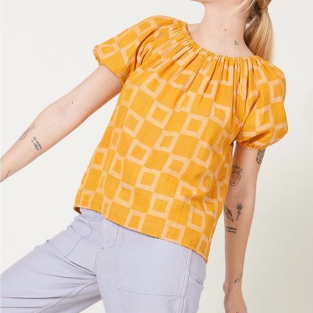 Ace & Jig Gelato Top Mustard Yellow Geometric Puff-Sleeve Blouse